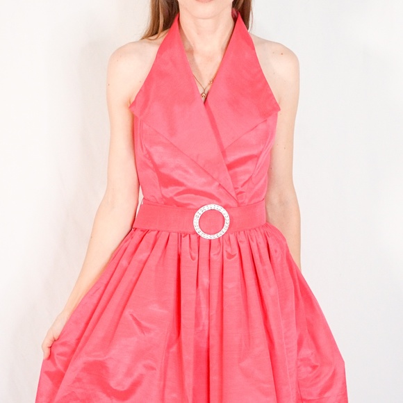 VINTAGE 90s Barbie Pink Taffeta Halter Flare Dress - Picture 2 of 7